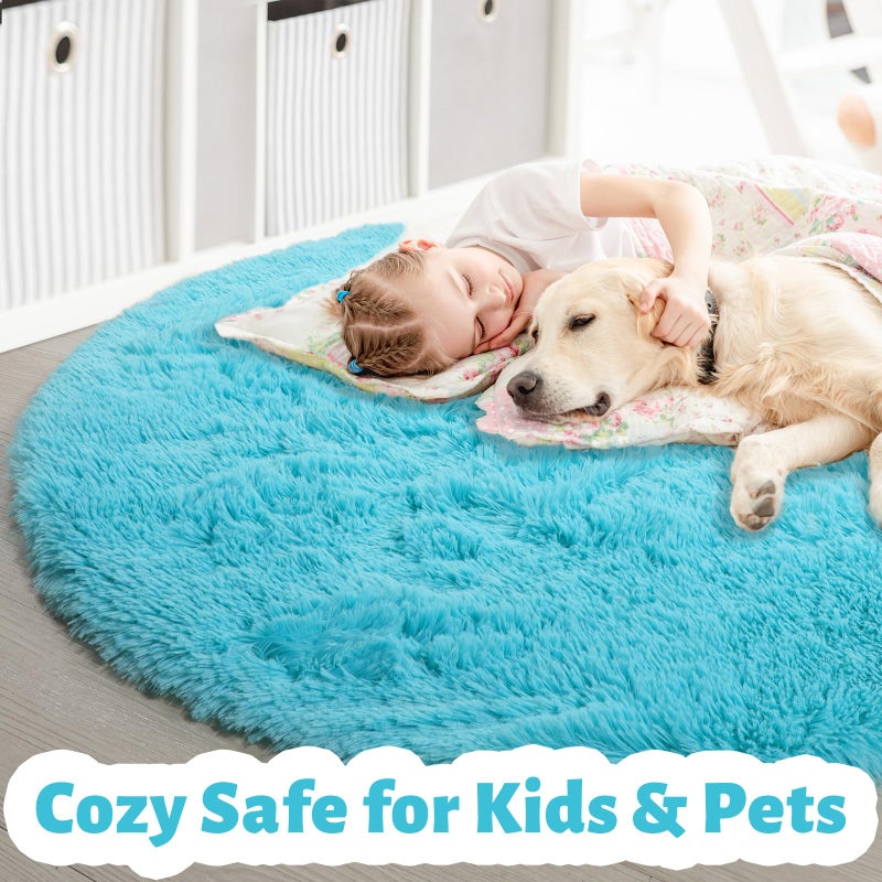 Amdrebio Blue Round Rug 5Ft for Bedroom, Fluffy Circle Area Rugs for Kids Room Baby Nursery Playroom, Living Room Decor Aesthetic, Plush Shaggy Fuzzy Turquoise Carpet for Apartment Preppy Classroom - Image 2